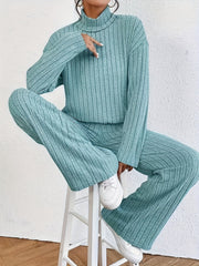 Ribbed Mock Neck Two-piece Set - Cozy Long Sleeve T-shirt with Ribbed Mock Neck Design, Flattering Wide Leg Pants for a Comfortable Fit, Effortless Casual Style - Perfect for Womens Everyday Wear, Ideal Outfits for Daily Life