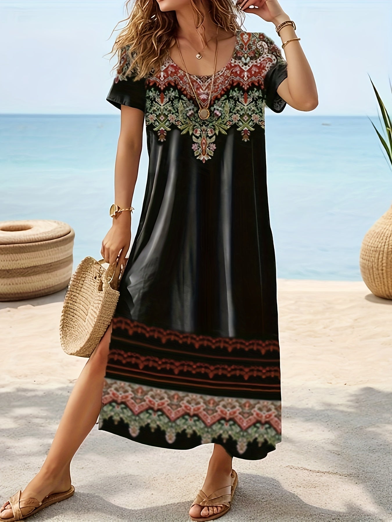 Plus Size Floral Print Vacation Dress with Stylish Slit - Lightweight Short Sleeve for Spring & Summer Getaways - Trendy Womens Plus Size Clothing