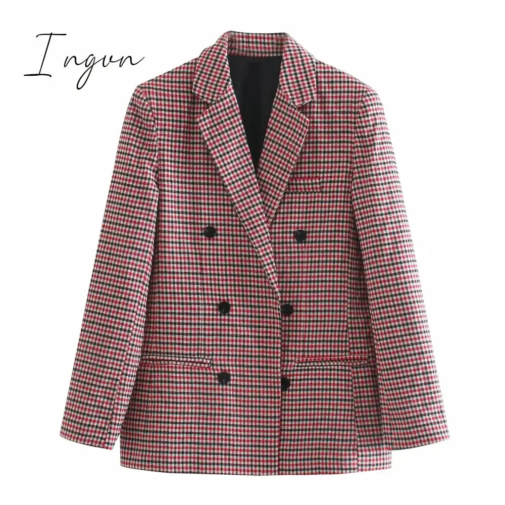 Ingvn - Fashion Autumn Women Plaid Blazers and Jackets Work Office Lady Suit Slim Double Breasted Business Female Blazer Coat Talever
