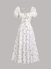 Elegant White Floral Print Midi Dress with Puff Sleeves & Tie-Back Detail - Square Neck, Non-Sheer Polyester for Women - Perfect for Spring, Summer & All Seasons, Formal Wear | Puff Sleeves Dress | Polyester Fabric