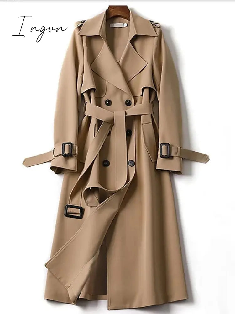 Ingvn - Women's Trench Coat Long Solid Color  Patchwork Coat Black Blue Camel Beige Daily Fall Single Breasted Regular Fit S M L XL XXL 3XL