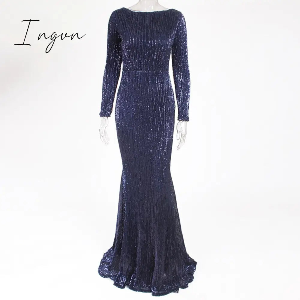 Ingvn - Elegant O Neck Long Sleeve Sequin Maxi Dress Floor Length Stretchy Bodycon Party Dress Gold Green Burgundy Black