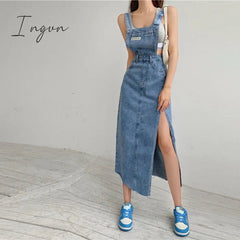 Ingvn - Sleeveless Women Denim Suspender Dress Spring New Midi Skirt Blue Korean Fashion Polo Collar Streetwear Female Braces Slit Dress
