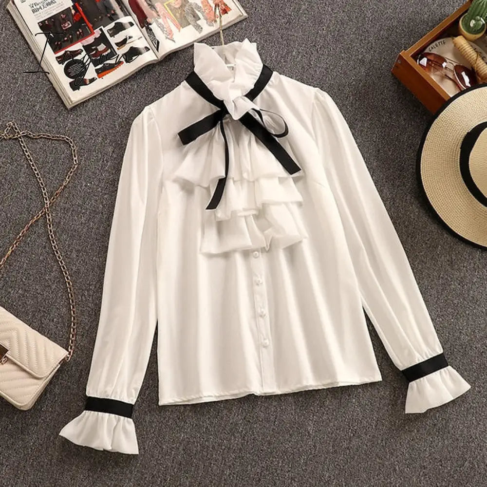 Ingvn - Autumn Winter 2 Piece Set Overalls Dress Women Elegant Ruffles Chiffon Bow Shirt Top+Double Breasted Plaid Tweed Vest Dress