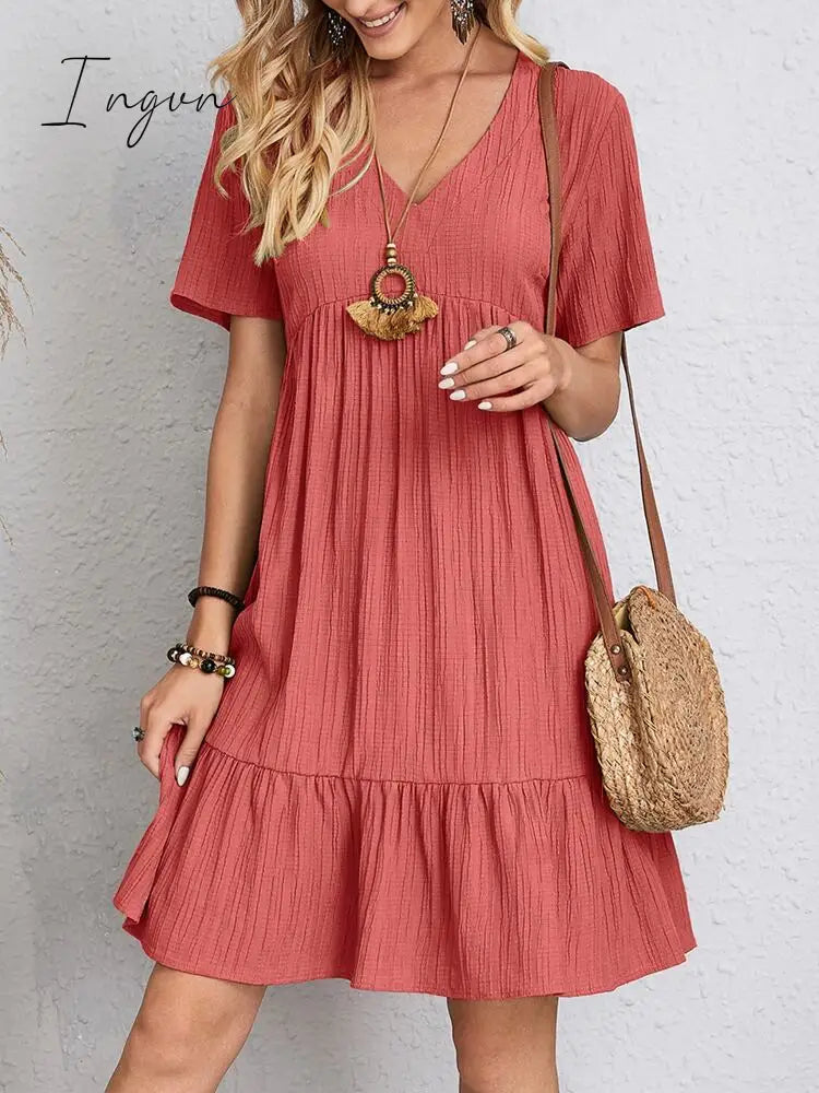 Ingvn - Spring summer v-neck floral short-sleeved dress