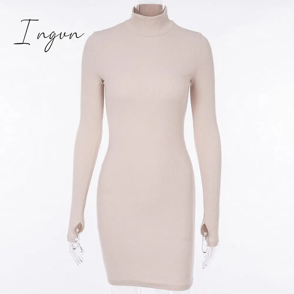 Ingvn - Autumn Long Sleeve Bottom Dress for Women High Collar Temperament Solid Color Dress Bodycon Mini Dresses Female Harajuku