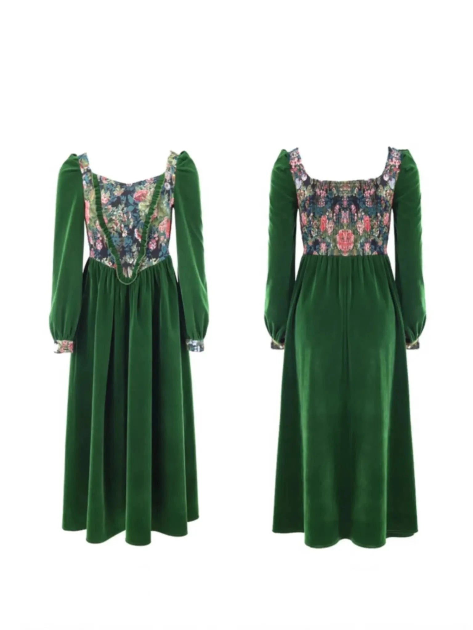Vintage France Green Velvet Floral Dress for Women Chic Auricular A-line Party Prom Robe Winter Spring Harajuku Clothes