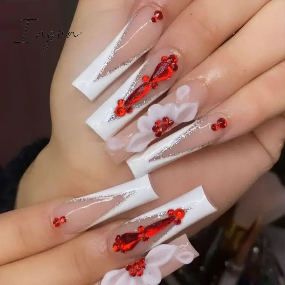 24pcs French rhinstones artifical nails with glue full cover false nails detachable coffin fake nail bling press on nails