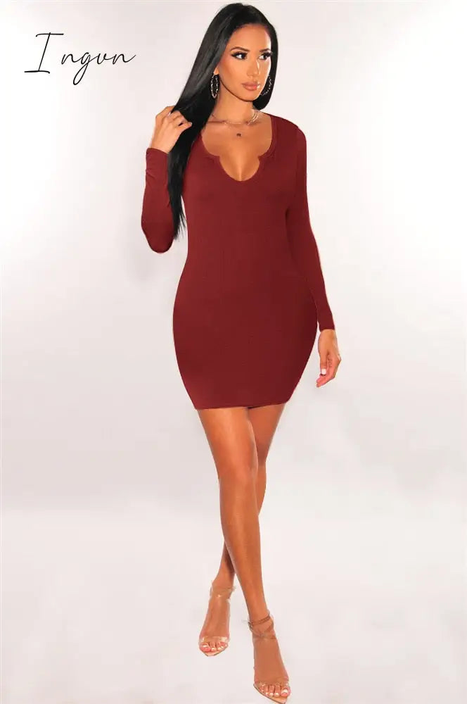 Ingvn - Long Sleeve Mini Dresses Women Basic Party Evening Clubwear Outfits Fall V Neck Sexy Bodycon Dress Short Wrap Streetwear