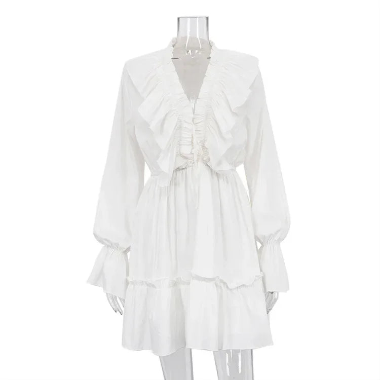 Ingvn  Fall V-neck Flare Sleeve Ruffles Short Dresses Streetwear Women's High Waist Lace-up Tunics Ruched A-line Pink Party Dress