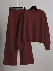 Cozy Knit Pants Set - Soft Long Sleeve Crew Neck Drop Shoulder Sweater, Drawstring Waist Wide Leg Pants, Comfortable Women's Clothing Outfit for Casual Daily Wear - Autumn Winter Fashion Essentials