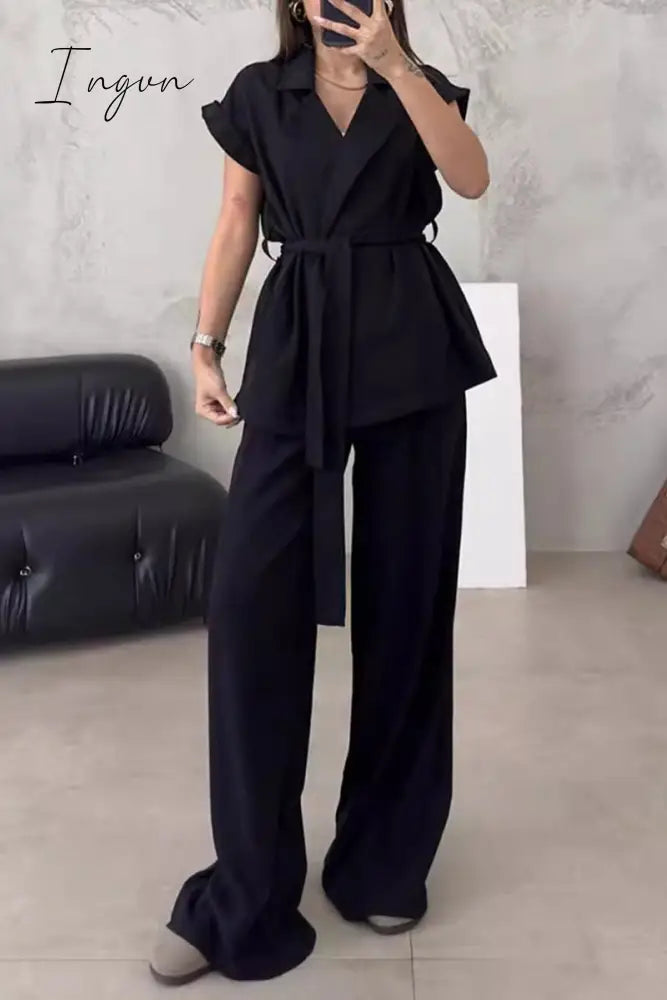 Ingvn - Casual British Style Solid Frenulum Turn-back Collar Sleeveless Two Pieces