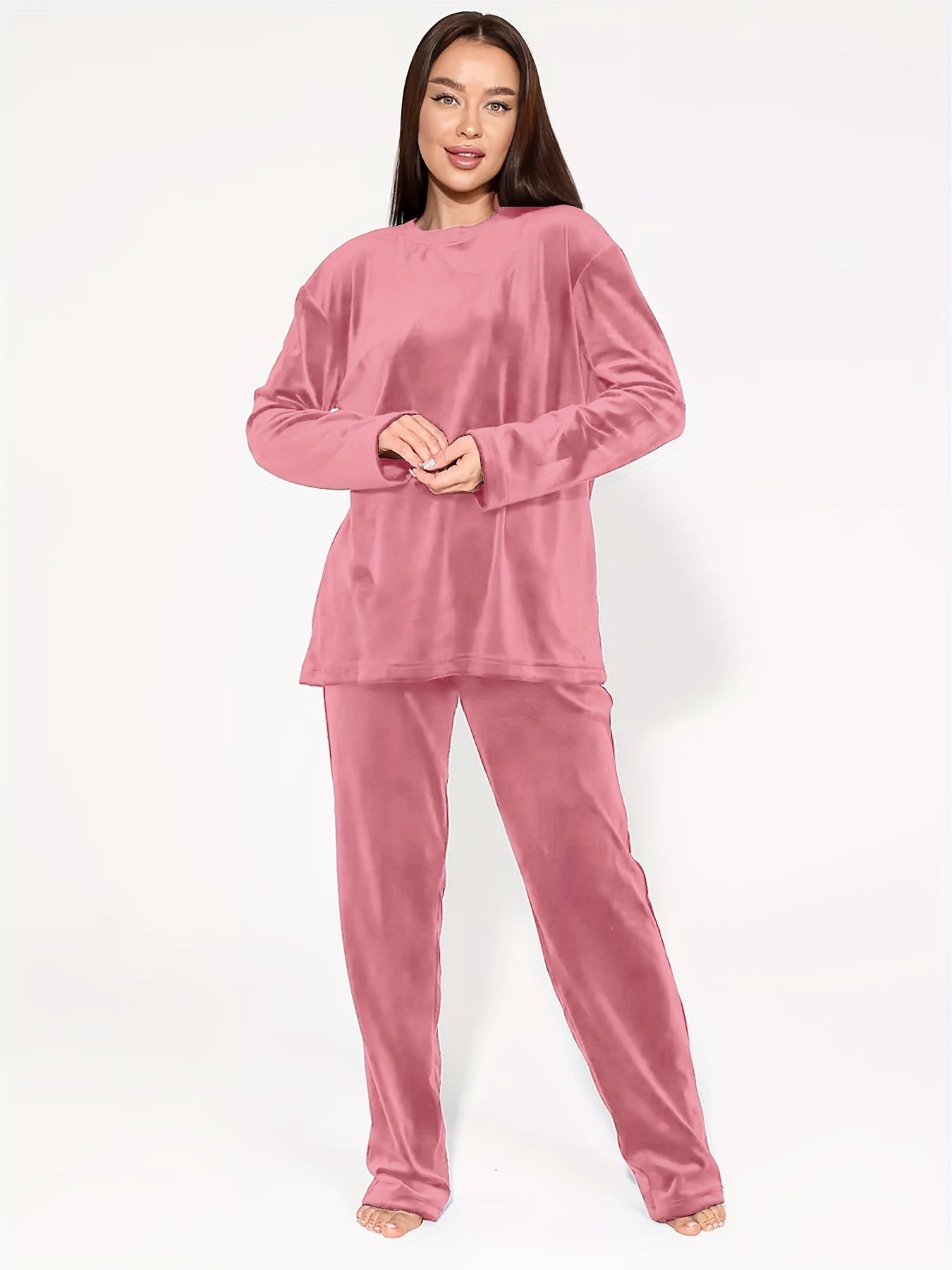Plus Size 2 Piece Set Women's Elegant Lounge Set, Solid Warm Velvet Long Sleeve Top & Pants for Fall & Winter Home Wear