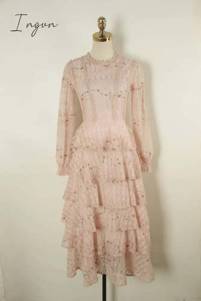 Ingvn - Pink Lace Embroidery Maxi Dress Female spring Winter Full sleeve high waist Ruffle elegant Long party dresses Woman