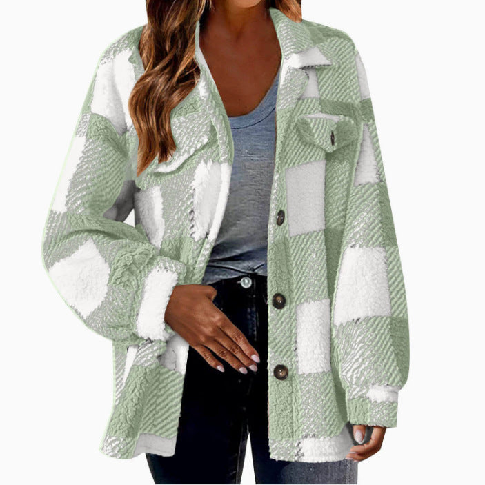 Autumn and Winter Open Button Lapel Plush Plaid Coat Plaid Pattern Button Front Jacket Warm