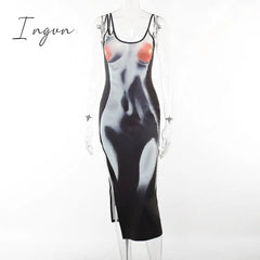 Ingvn - Women's Sexy and Beautiful Body-printed Suspender Dress Slim Hip-lifting and Split Long Dress Vestidos Streetwear