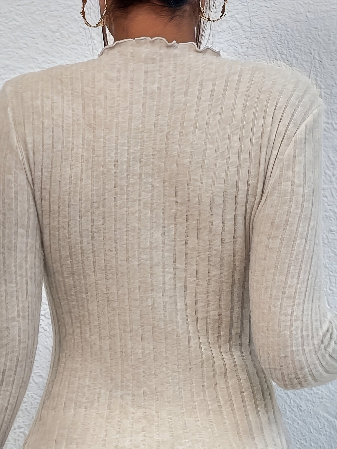 Women's Ribbed Knit Long Sleeve Top, Textured Ruffle Trim, Solid Color, Polyester, Elegant Turtleneck, Stretchy Fabric, Regular Fit, Sleeve Length, Autumn/Winter, T-Shirt Style