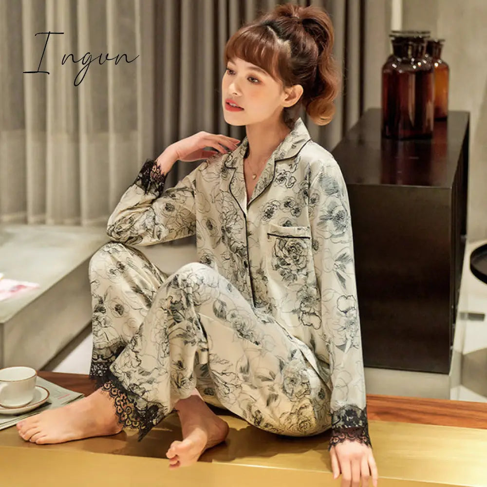 Ingvn - New Pajamas For Women Long Sleeve Pajamas Suit Female Simple Style 2 Pieces Pajamas Silk Women's Home Clothes Set Pantsuits