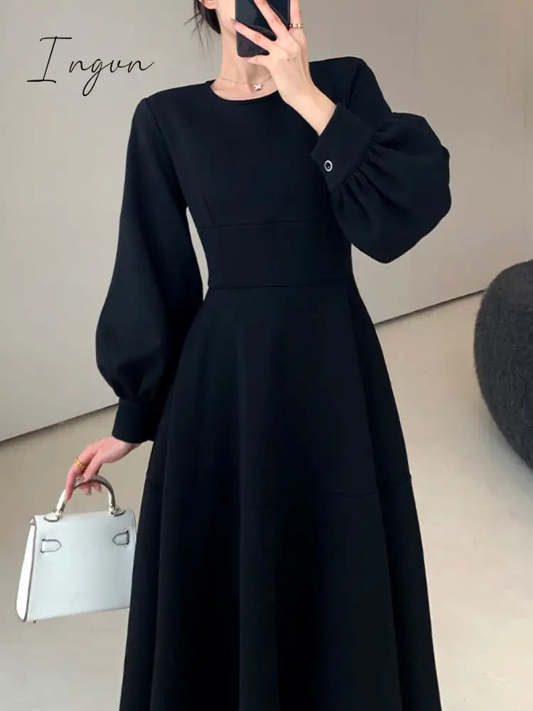Ingvn - Women Korean Fashion Casual Midi Black Dress Autumn New Vintage Party Evening Prom Vestidos Chic Office Female Maxi Robe Mujers