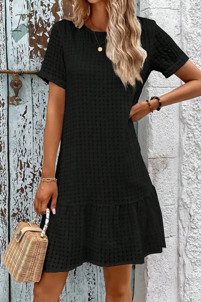 Ingvn - Casual Simplicity Solid Hollowed Out O Neck A Line Short Sleeve Dress