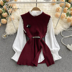 Ingvn - Spring Outfits Women Sleeve White Shirt Fashion Two Piece Suit Red Cotton Sweater Vest Lady Casual Preppy Style White Belt