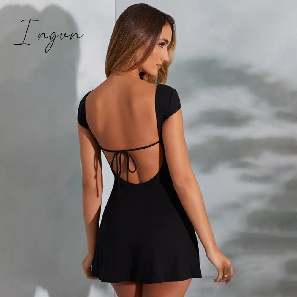 Ingvn - 2023 Spring/summer New European And American Style Women's U Neck Short Sleeve Open Back Strap Wrap Hip Dress