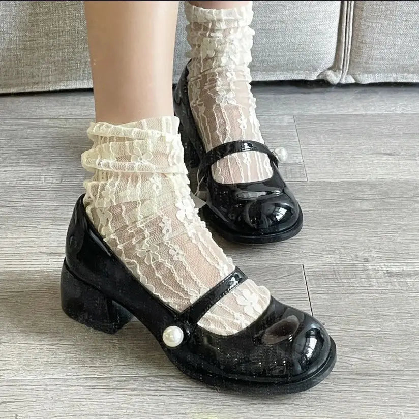 Ingvn  Shoes for Woman  Square Heels Women's Summer Footwear with Medium Mary Jane Black Japanese Style Lolita Gothic Pearl Korean