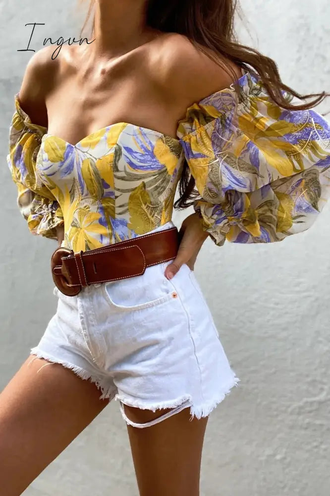 Ingvn - Summer Sexy Off The Shoulder Blous Women Fashion Slash Neck Tube Top Floral Puff Sleeve Blouse Women