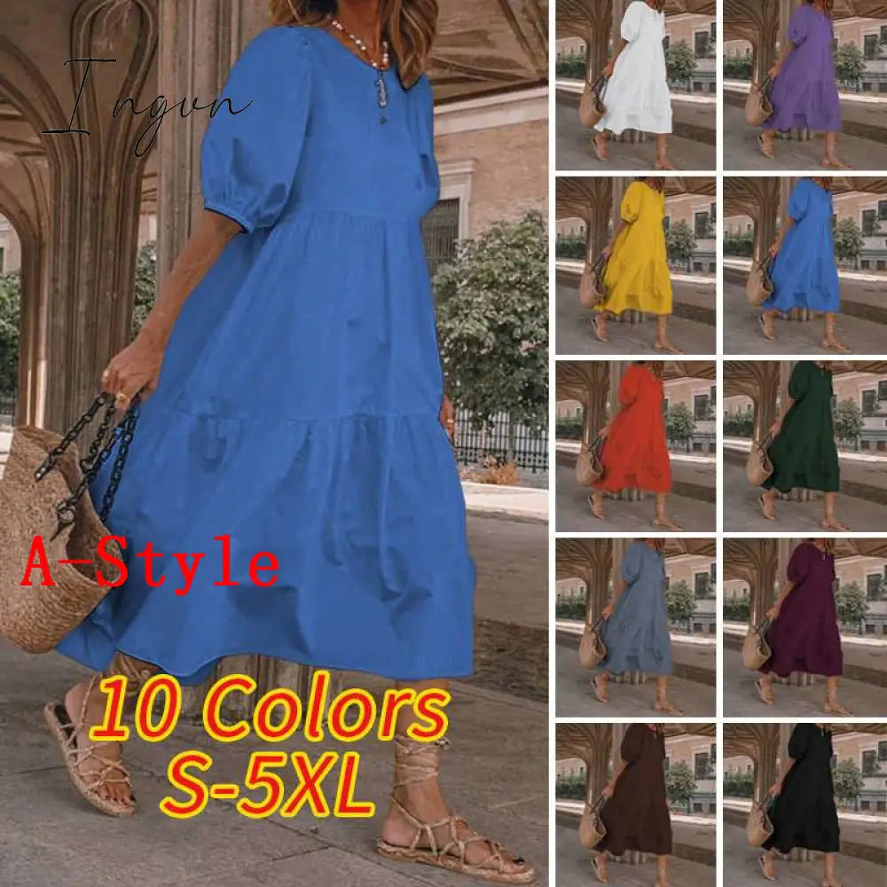 Ingvn - Summer Dress Elegant Party Mid-Calf Dress Women'Summer Sundress Bohemian Beach Sundress Casual Vestido Plus Size