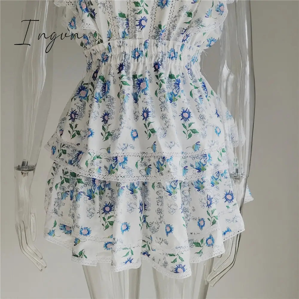 Ingvn - New Arrival Summer Short Sleeve Natasha Mini Dress Women Ruffled A-line Dress Blue Print