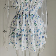 Ingvn - New Arrival Summer Short Sleeve Natasha Mini Dress Women Ruffled A-line Dress Blue Print