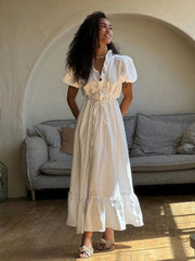 Ingvn  Summer Loose White Cotton 2 Piece Sets Women Outfit Fashion Short Sleeve Shirt  High Waist Pleated Long Skirts Set