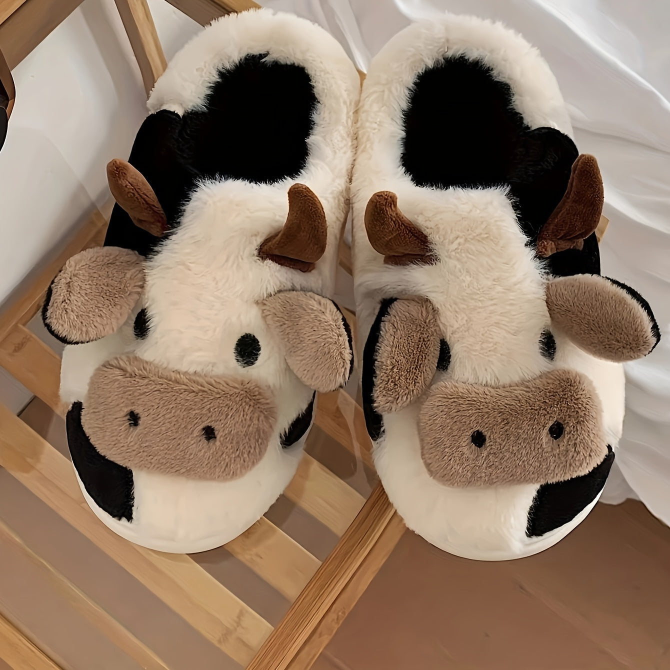 Cow Pattern Plush Slippers - Soft Fabric Lining, Cartoon Design, Comfortable Indoor Shoes with TPR Sole for Cozy Home Wear - Casual Slip-On Style