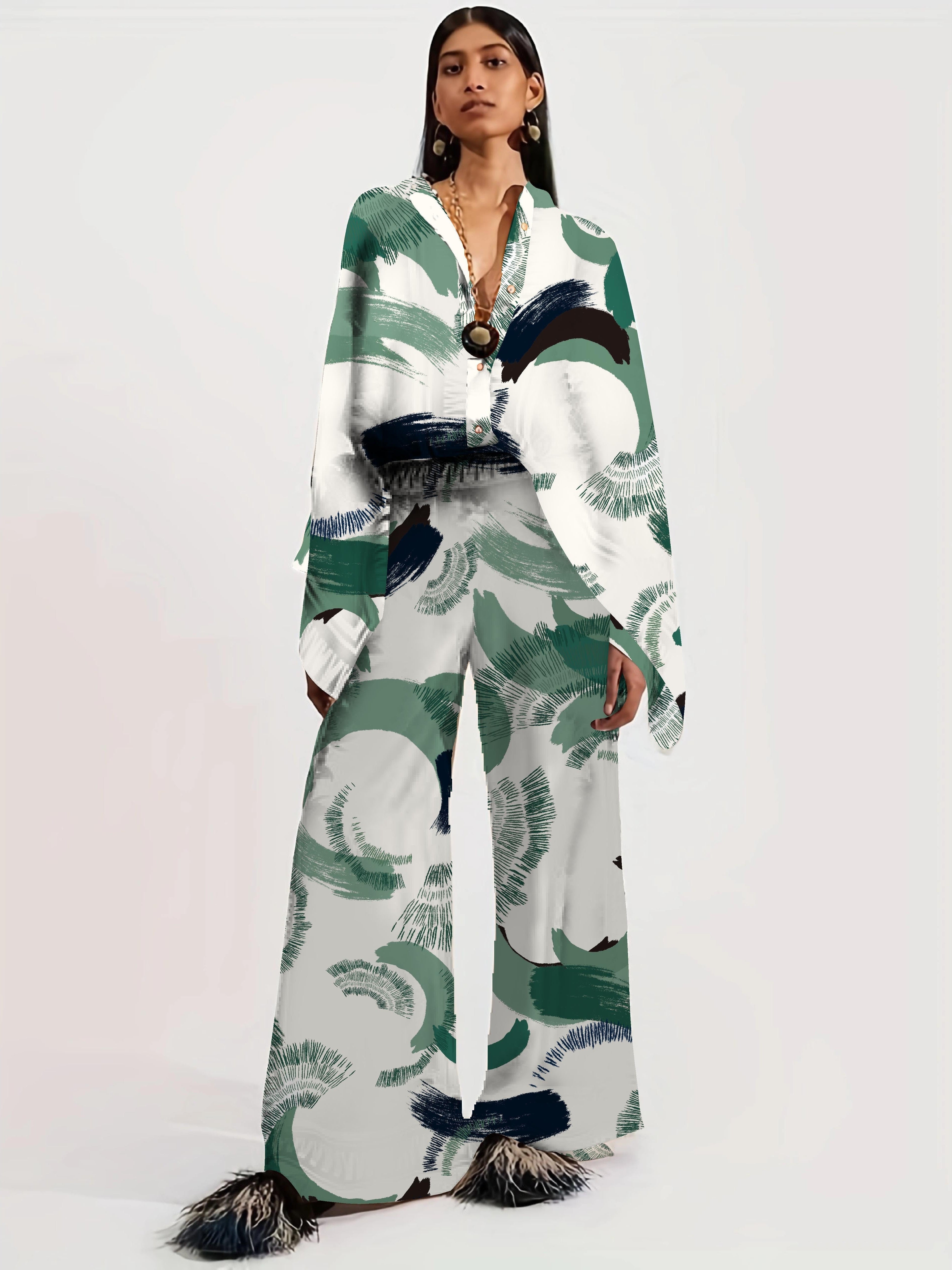 Two-piece Set, Long Sleeve Ethnic Print High Waist Wide Leg Pants Outfits, Button Front Blouse Women's Clothing
