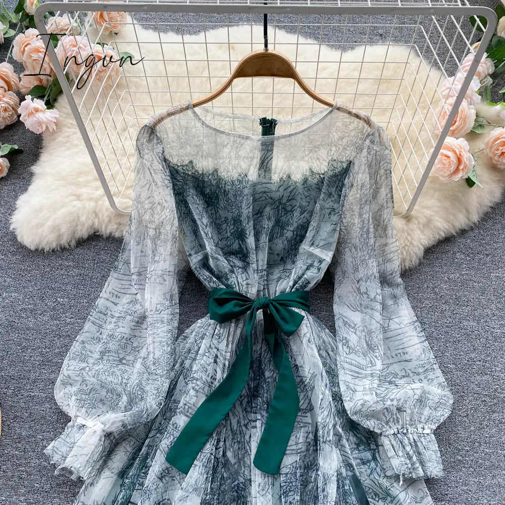 Ingvn - Elegant Women Mesh Dress Vintage Lantern Sleeves Printed Party Dresses Spring Summer Patchwork A Line Bandage Beach Dress
