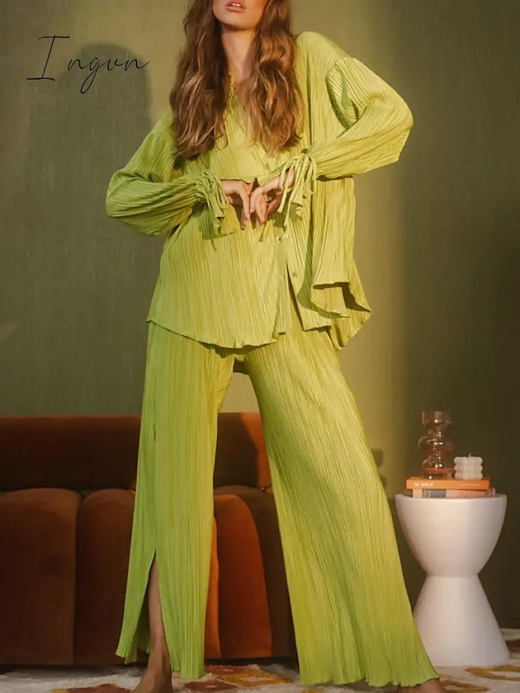 Ingvn - Women's Shirt Pants Sets Black White Light Green Solid Color Long Sleeve Casual Daily Fashion Shirt Collar Regular Fit Spring &  Fall