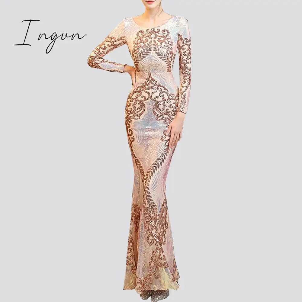 Ingvn - Hot Sale O-neck Long-Sleeve Shinning Sequins Evening Dresses Sexy Backless Mermaid Party Gowns Maxi Elegant Multi Female Robes vestidos
