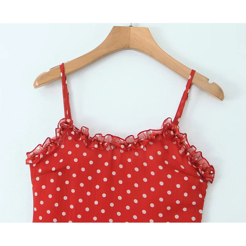 New Women Polka Dot Red Sexy Long Dreses Ruffle O Neck A-line Midi Summer Party Dressess Holiday Robe