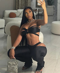 Sexy Stunning Women 2 Piece Coquette Solid Hollow Halter Crop Tanks+Slash Waist Slim Pants Female Clubwear Midnight Sets