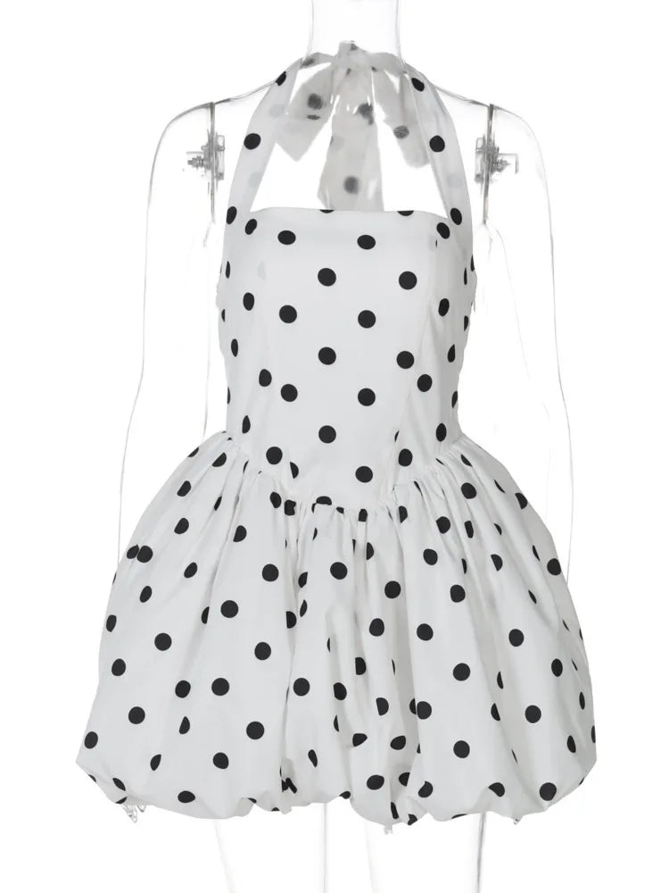 Halter Print Polka Dot Mini Dress Women Fashion Off-shoulder Sleeveless Backless High Waist A-line Club Party Dress