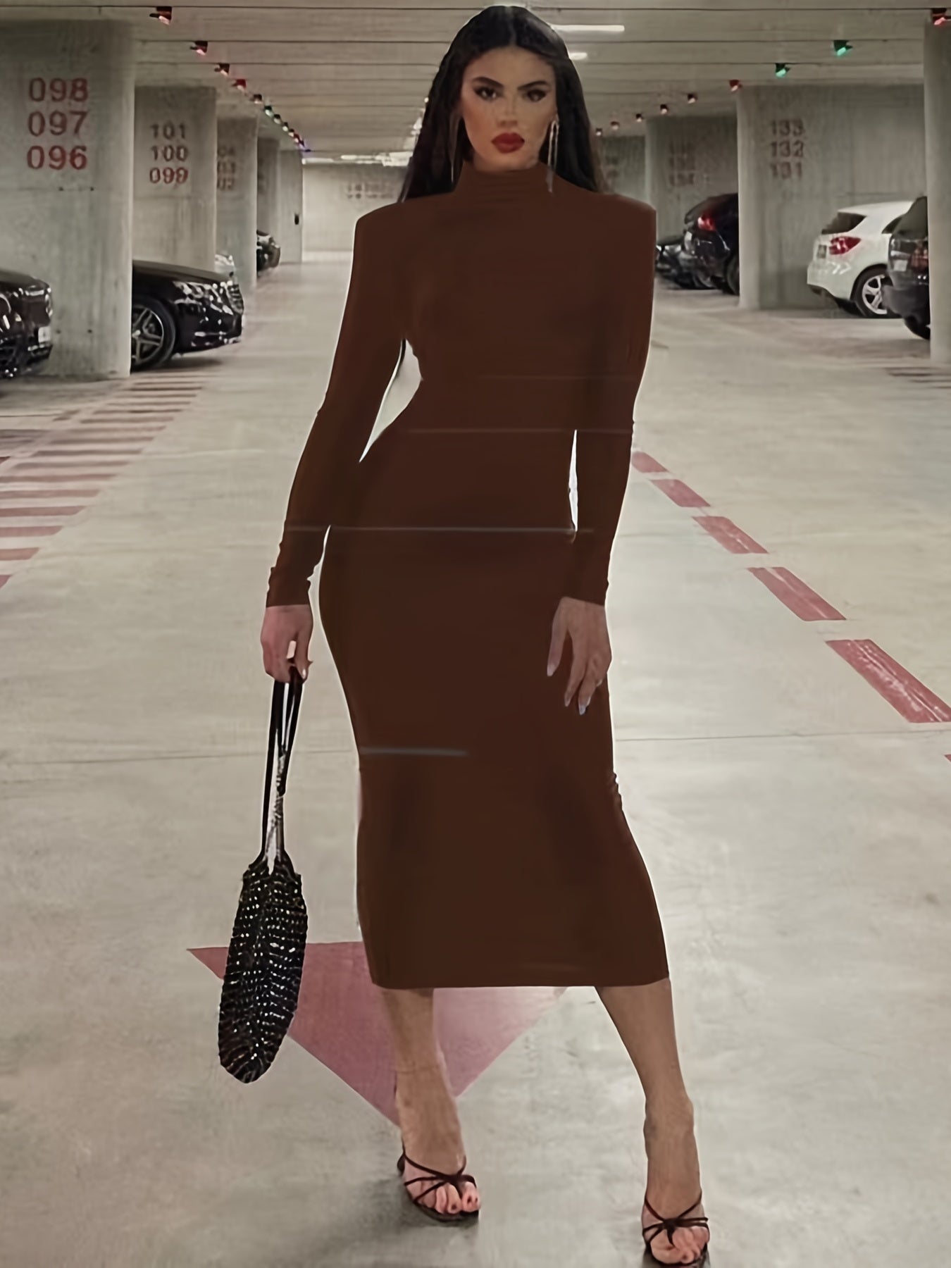 Chic High Neck Midi Dress - Body-Contouring Fit - Versatile Elegance for Work to Weekend