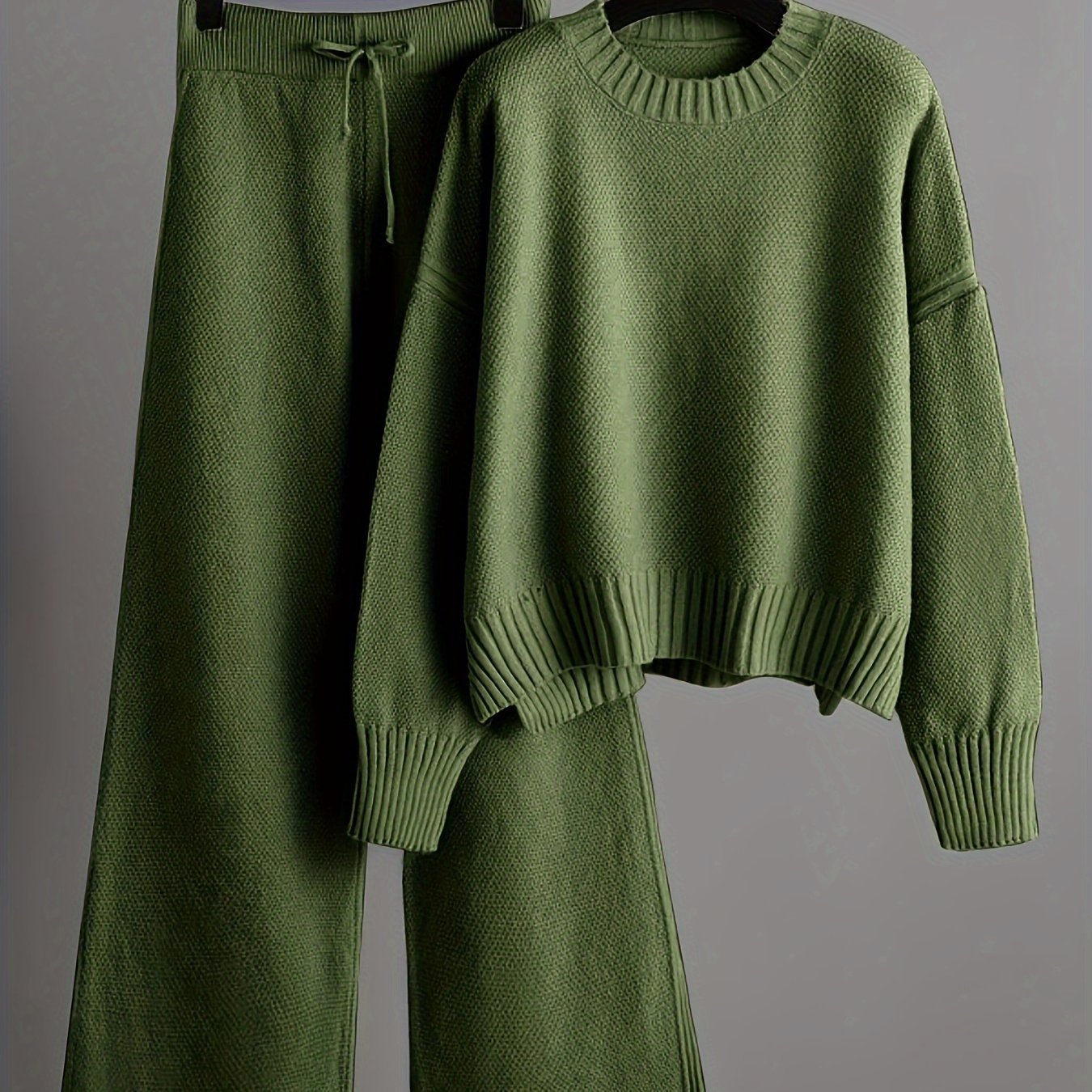 Cozy Knit Pants Set - Soft Long Sleeve Crew Neck Drop Shoulder Sweater, Drawstring Waist Wide Leg Pants, Comfortable Women's Clothing Outfit for Casual Daily Wear - Autumn Winter Fashion Essentials