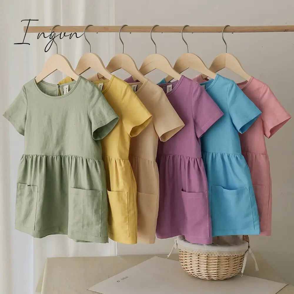 Ingvn - Fashion Cotton Linen Summer Girl Dress Yellow Casual Short Sleeve Kids Holiday Dress With Pockets TZ20