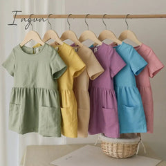 Ingvn - Fashion Cotton Linen Summer Girl Dress Yellow Casual Short Sleeve Kids Holiday Dress With Pockets TZ20
