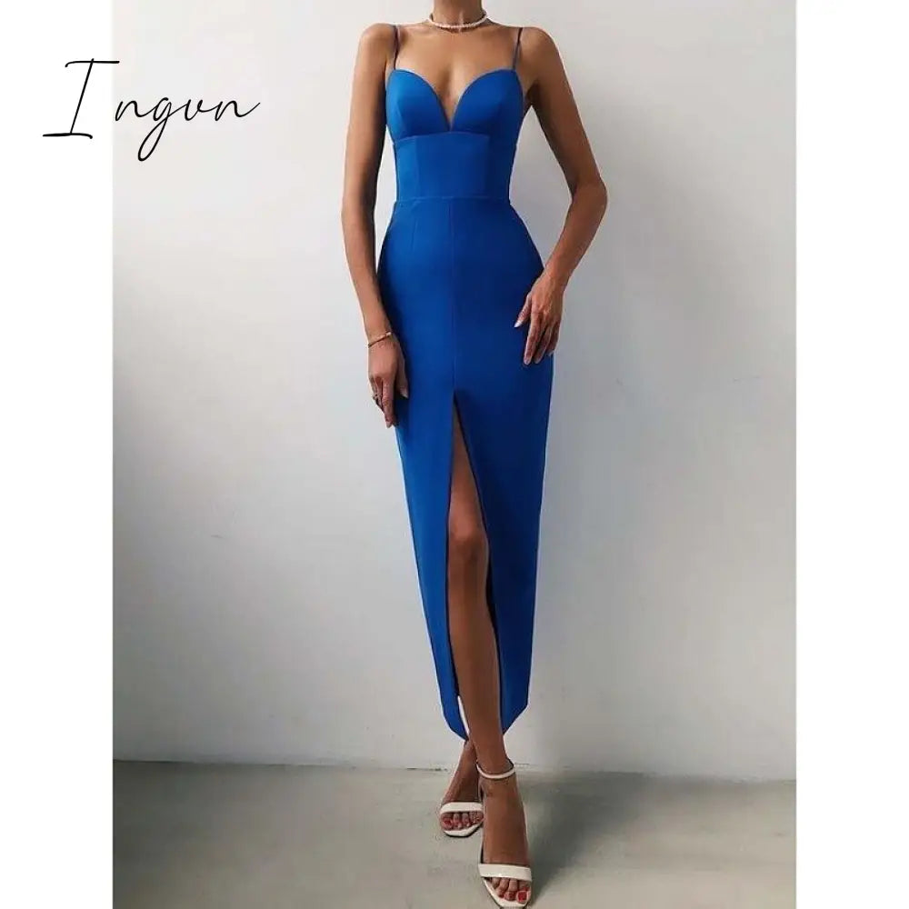 Ingvn - RO New Summer Women White Bodycon Bandage Sexy V Neck Spaghetti Strap Club Celebrity Evening Runway Party Long Dresses For Women