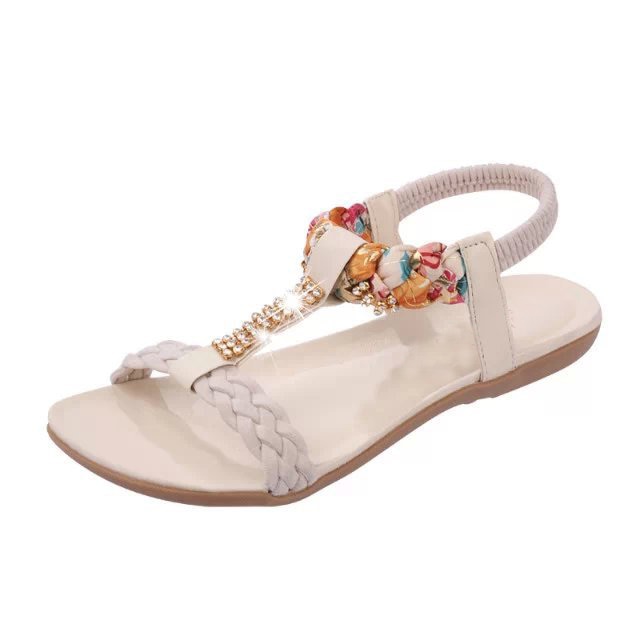 Women Sandals Summer Flat Heel Bohemian Sandals  Rhinestone Mixed Color Ladies Elastic Band Open Toes Beach Shoes