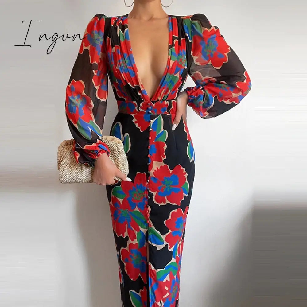 Ingvn - Women Sexy Button V-Neck Slit Party Dress Lady Elegant Print Slim Maxi Dress Spring Summer Casual Long Sleeve High Waist Vestido