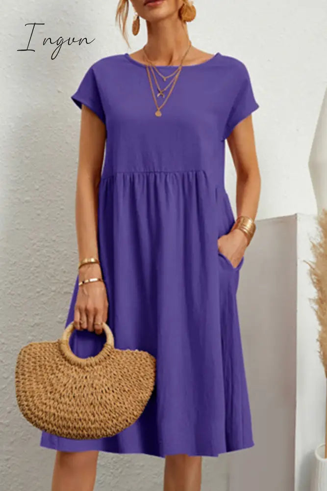 Ingvn - Casual Solid Patchwork O Neck A Line Short Sleeve Dress(11 Colors)