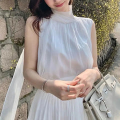 Ingvn - 2023 Summer Elegant Women's Dress Gentle High Collar Sleeveless Solid Chiffion Midi Dress Fashion Sexy Korea Sundress Vestido