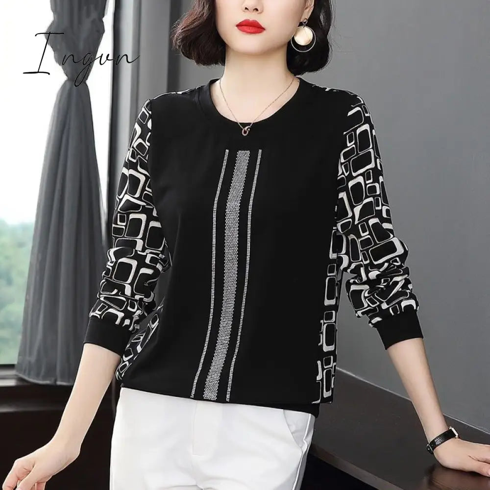 Ingvn - Print Patchwork O-neck Long Sleeved Skinny T-shirt Top Fashion Casual Elegant Popularity Wild Spring Autumn New Women's Clothing